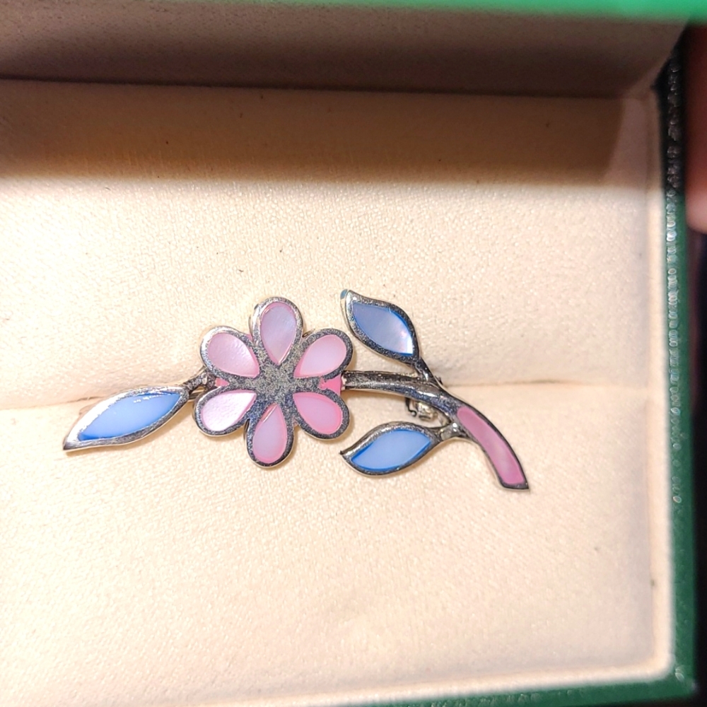 Vintage 925 Silver Ice Blue & Pastel Pink Pearlescent Daisy Floral Brooch Pin